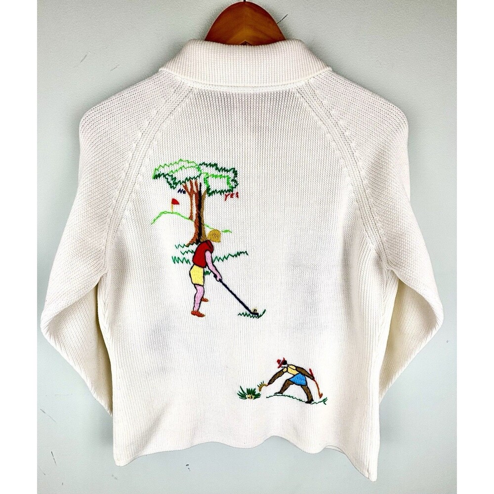 Women's 80s VTG Andreno Argenti Size L Cardigan Off White Golf Cardigan Novelty - Picture 6 of 7